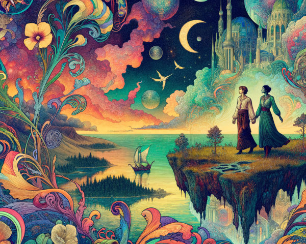 Surreal Landscape with Figures and Mystical Castle