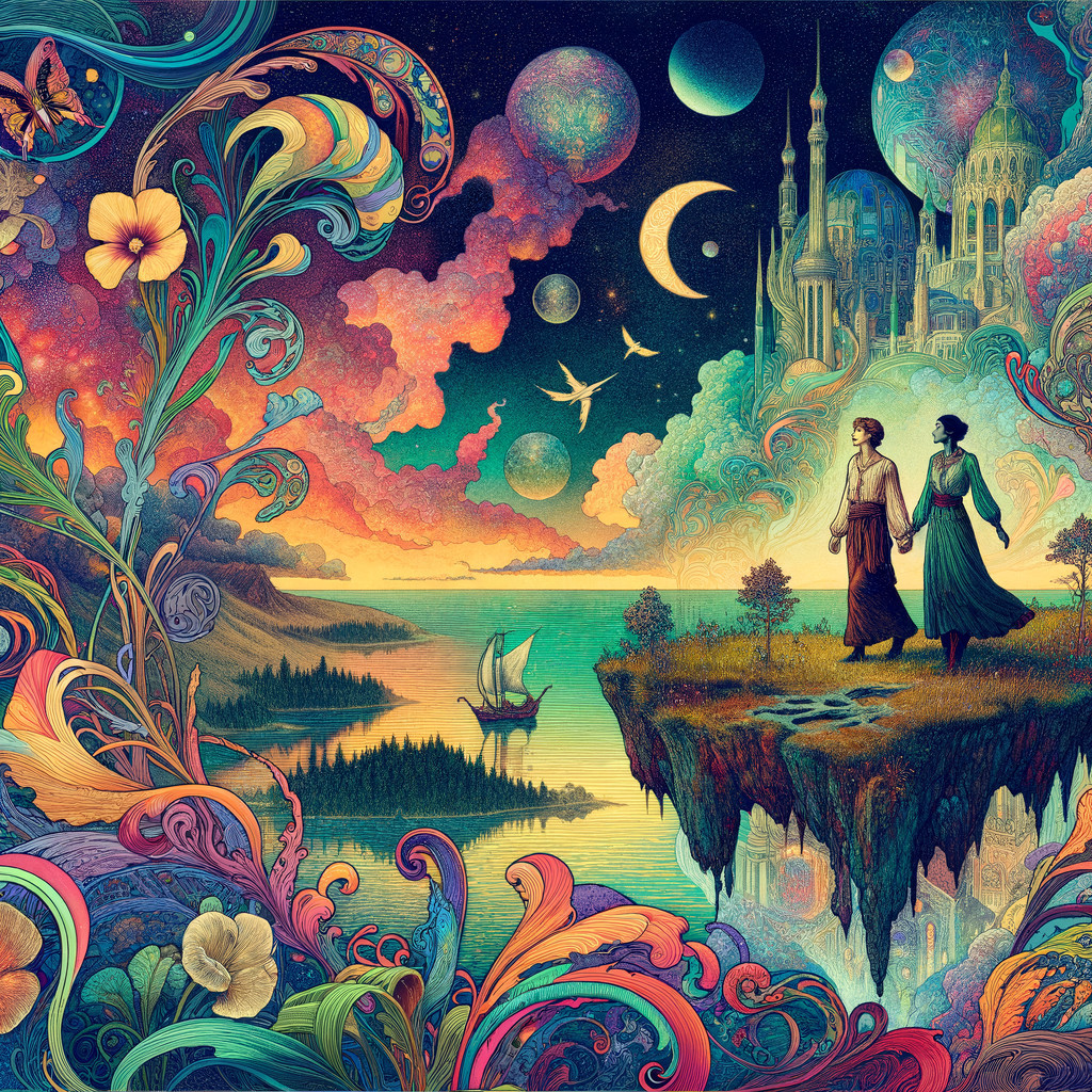 Surreal Landscape with Figures and Mystical Castle