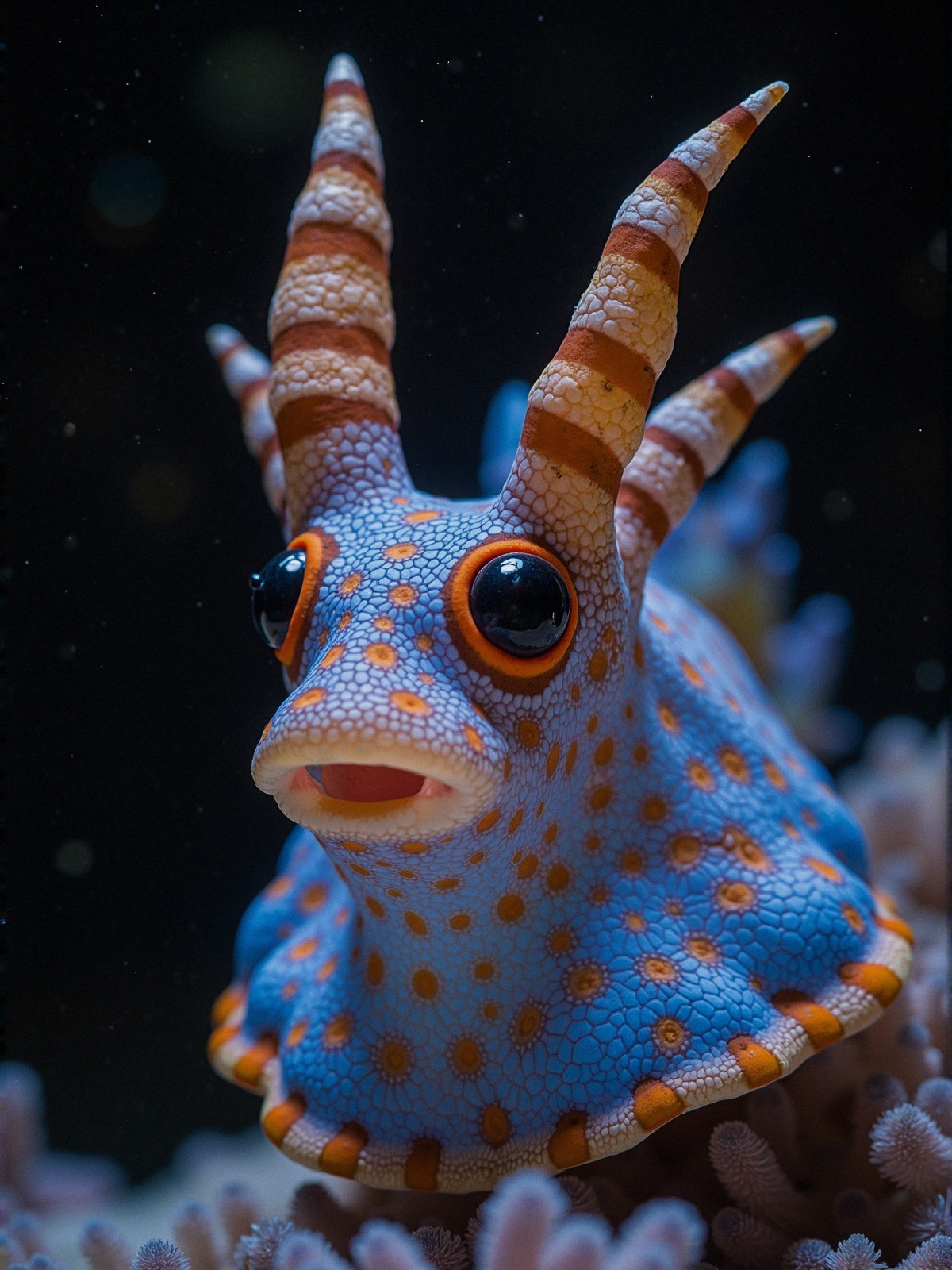 Colorful Marine Creature with Spiraled Horns and Patterns