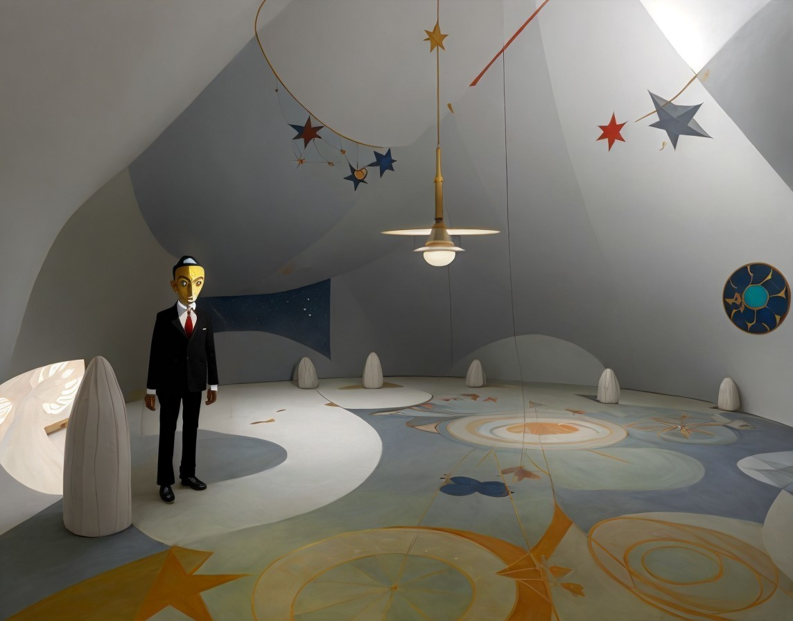 Surreal Interior with Curved Architecture and Celestial Motifs