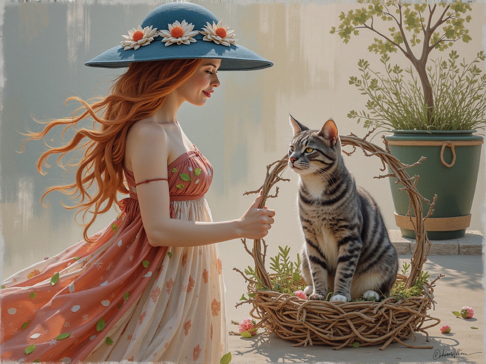 Young woman with red hair and cat in a basket