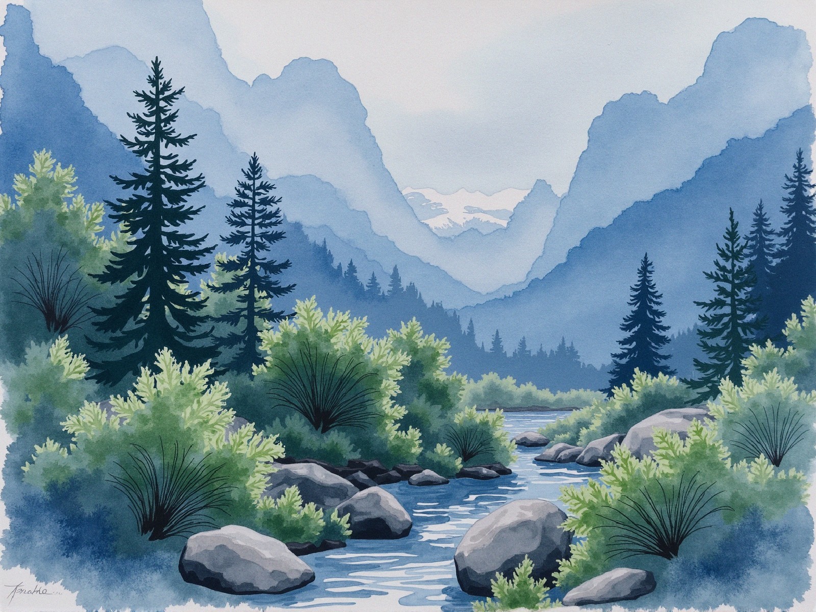 Watercolor Landscape of River in Lush Valley