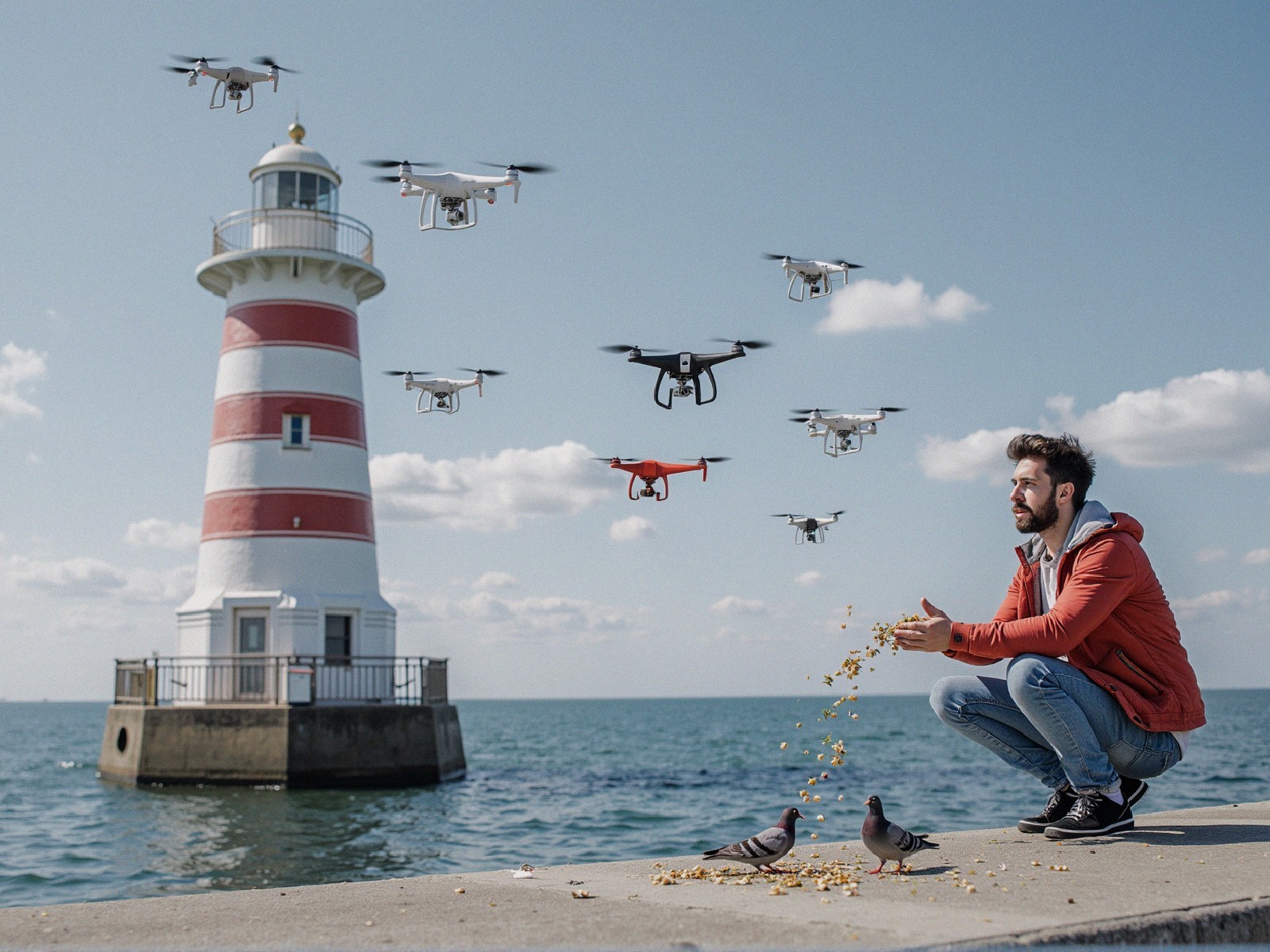 Man in Red Jacket Feeding Birds by Lighthouse