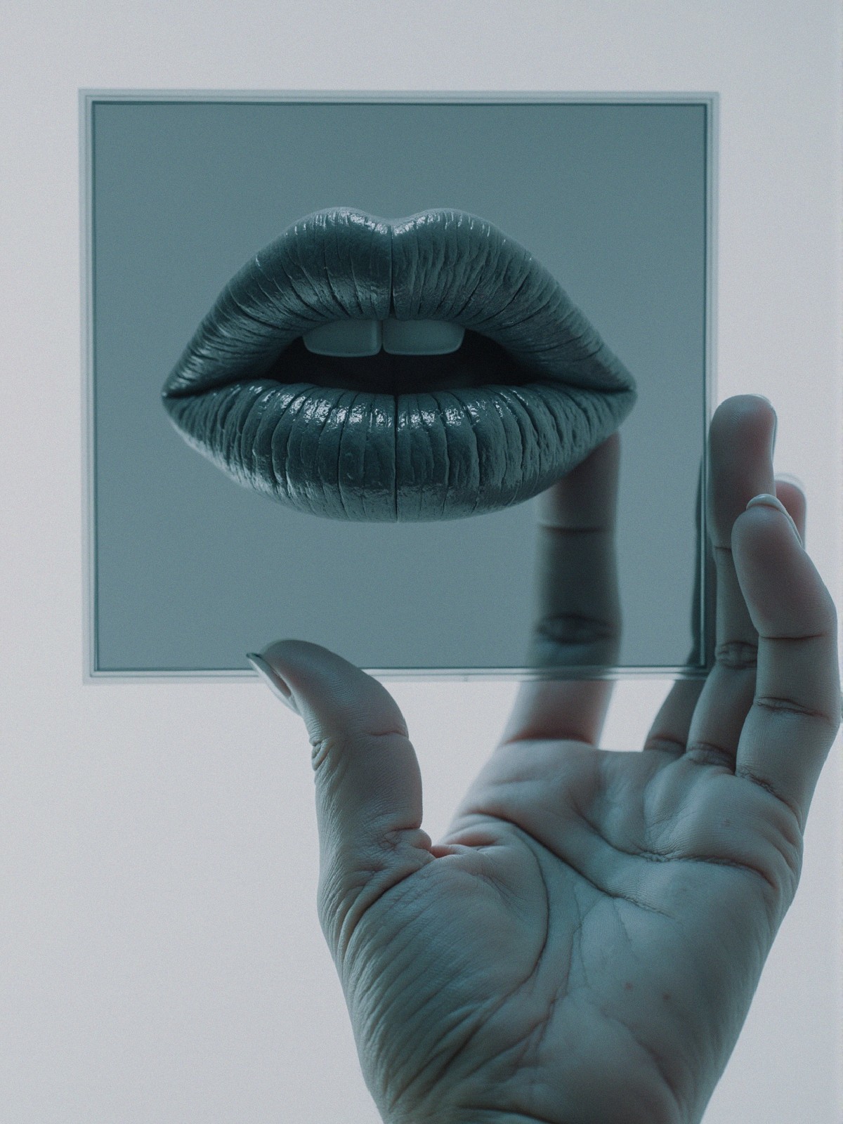 Glossy Lips Reflected in Transparent Square Pane