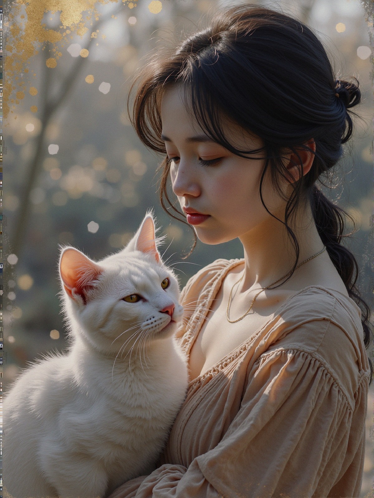 Young Woman with Cat in Dreamy Serene Setting