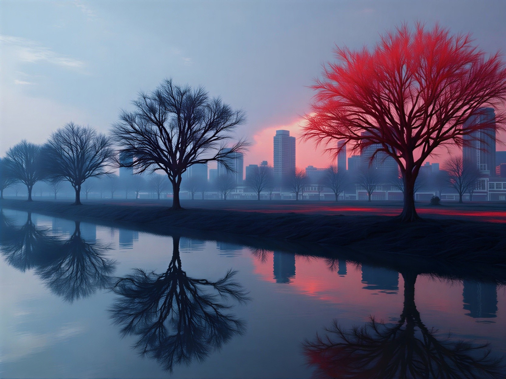 Tranquil Urban Landscape at Dawn with River and Trees