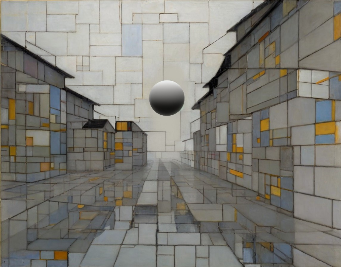 Geometric Landscape with Fragmented Buildings and Dark Form