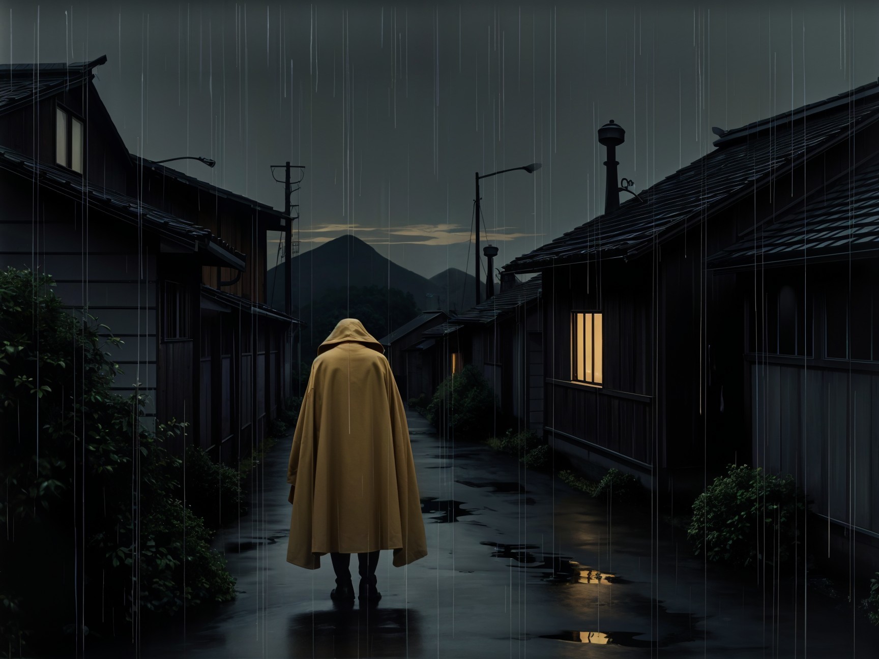 Solitary Figure in Yellow Raincoat on Rainy Street