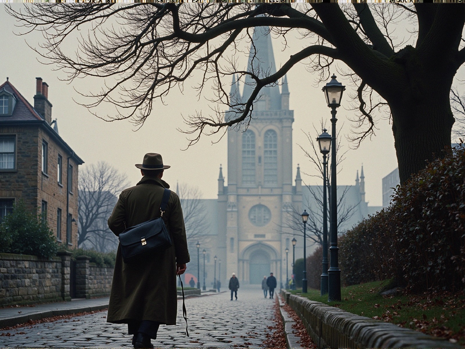 Foggy Cobblestone Street with Grand Church and Trees