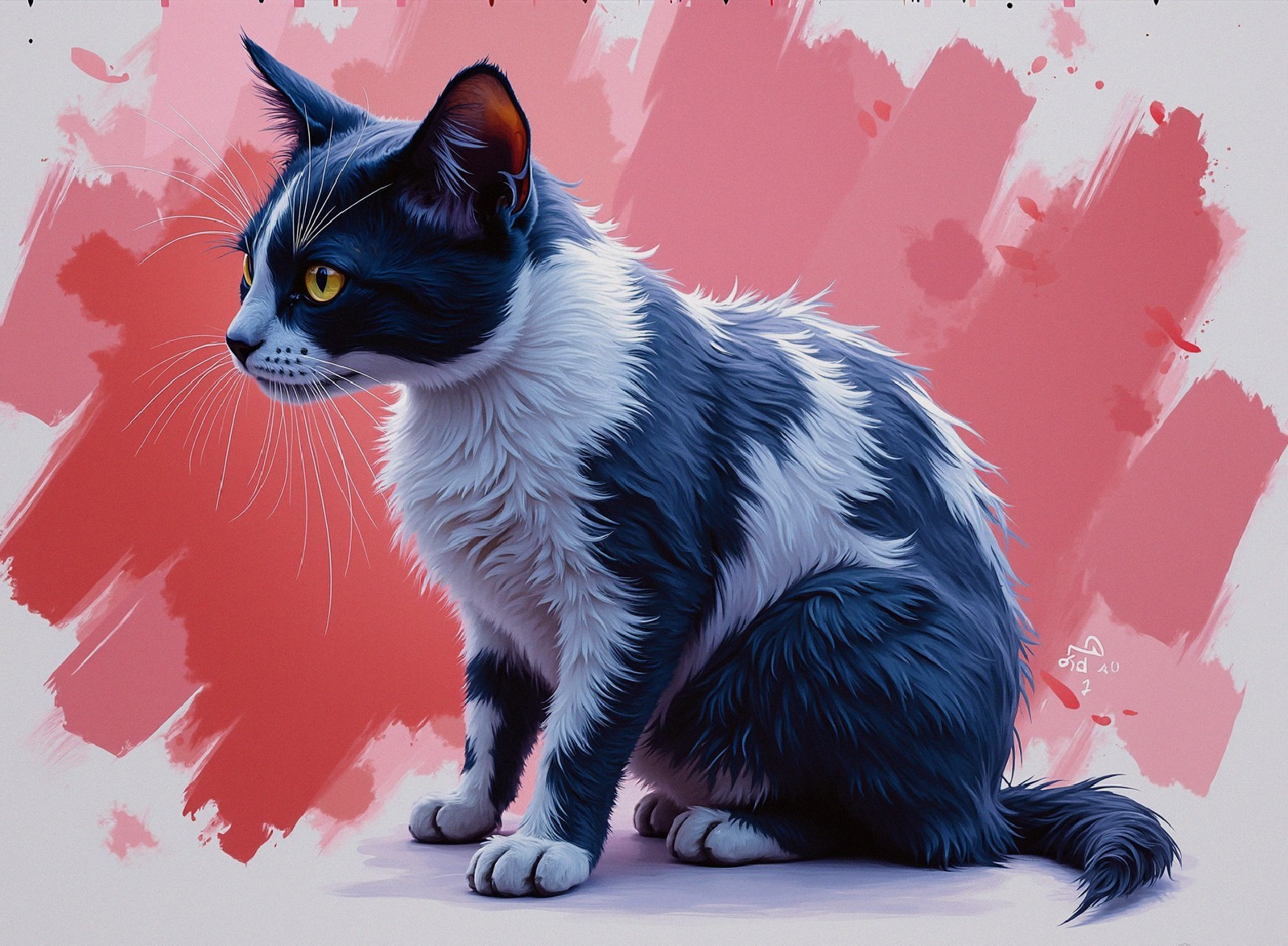 Digital Illustration of a Cat with Blue and White Coat