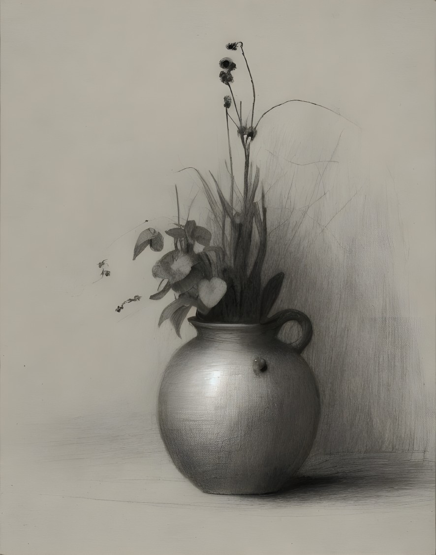 Pencil Sketch of Vase with Dried Plants and Bees