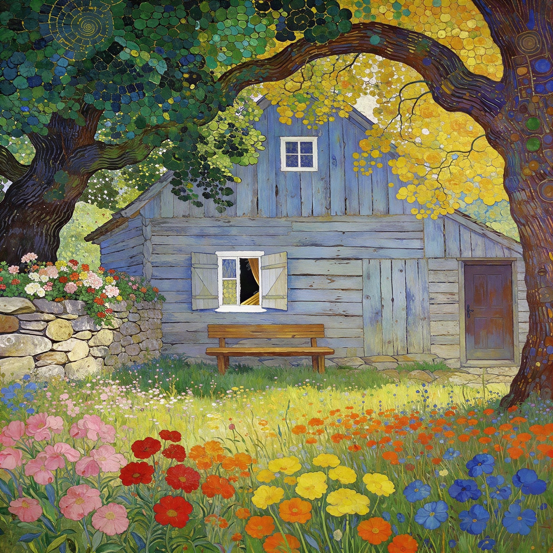 Vibrant digital painting of a charming blue house