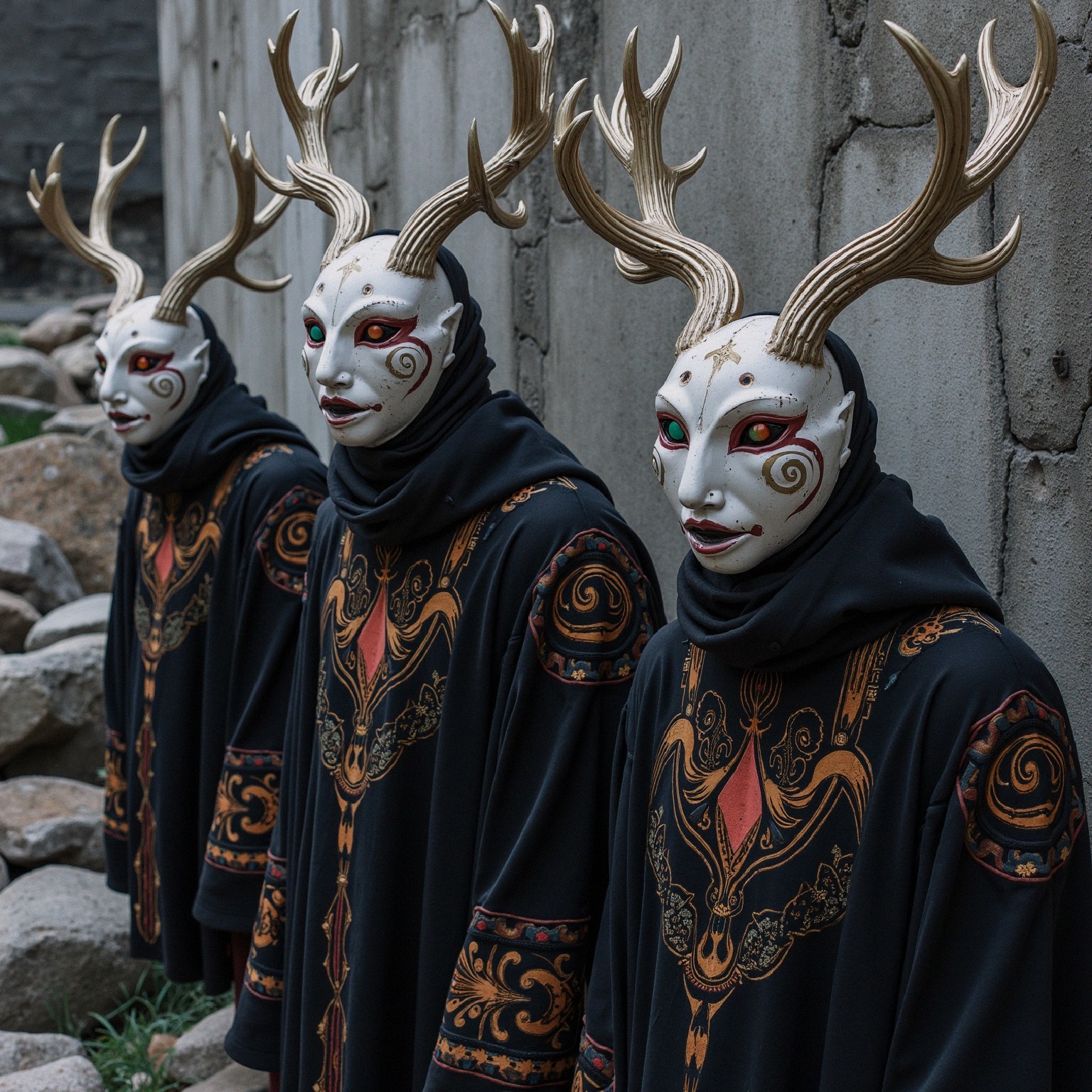 Three Figures in Cloaks in a Rocky Landscape