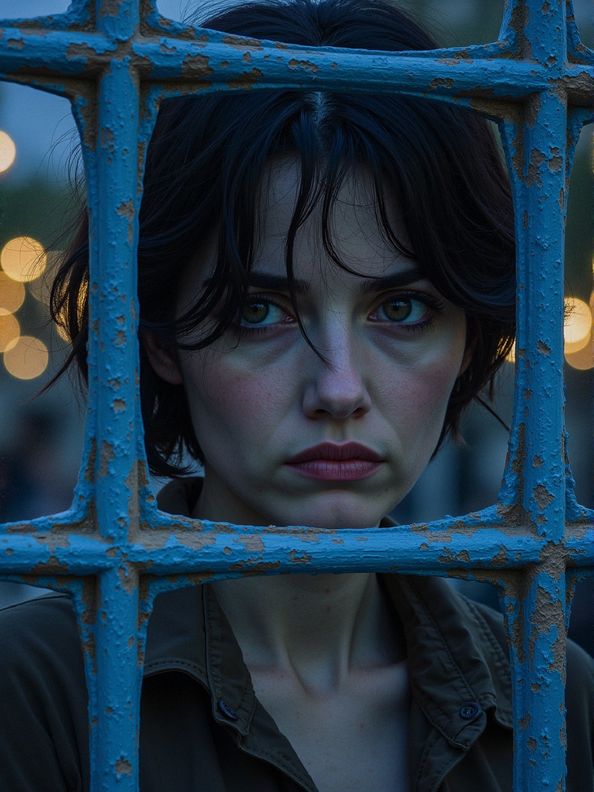 Close-up of a woman with intense gaze and blue grid