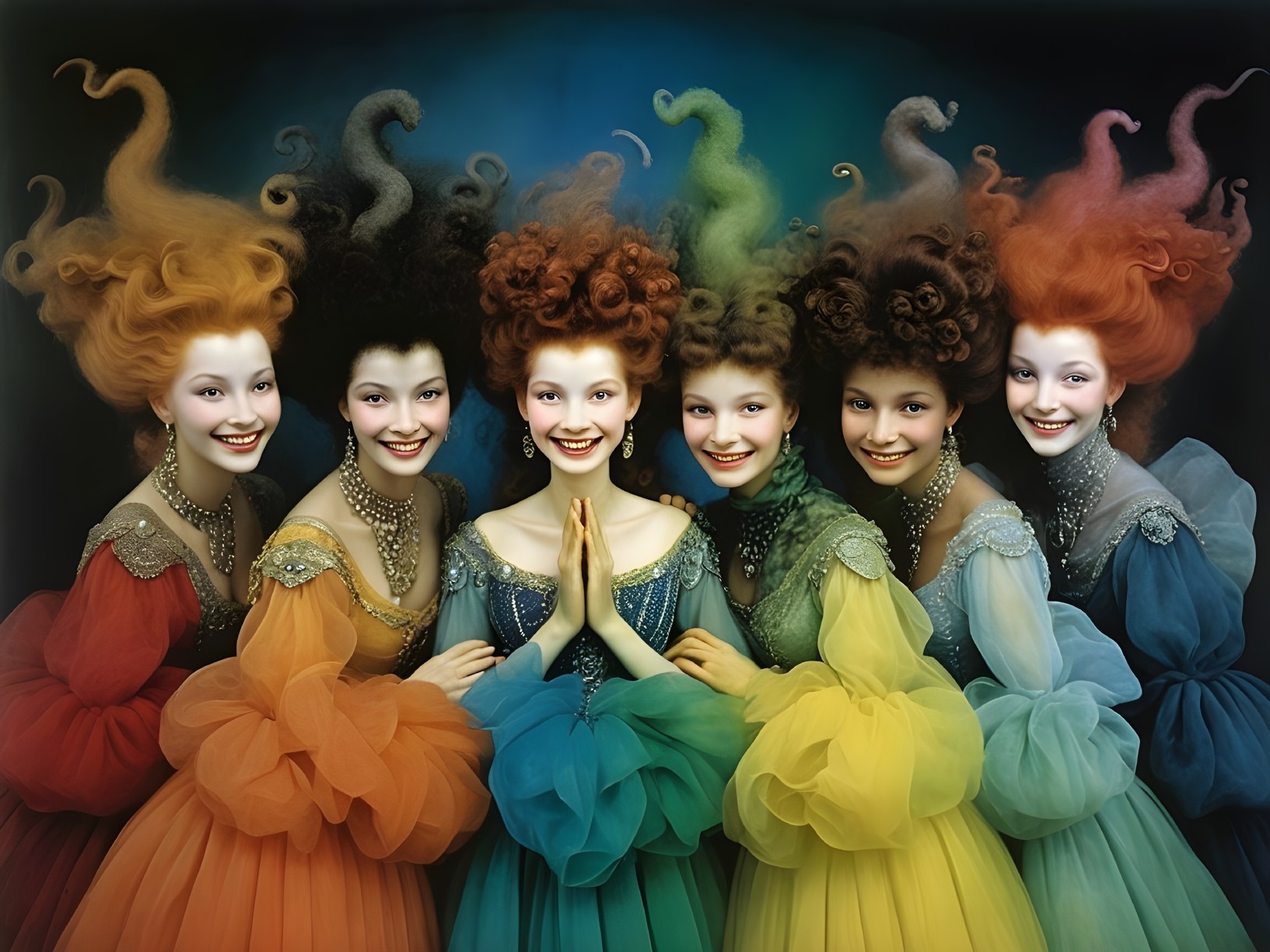 Colorful Figures in Voluminous Gowns with Whimsical Hair