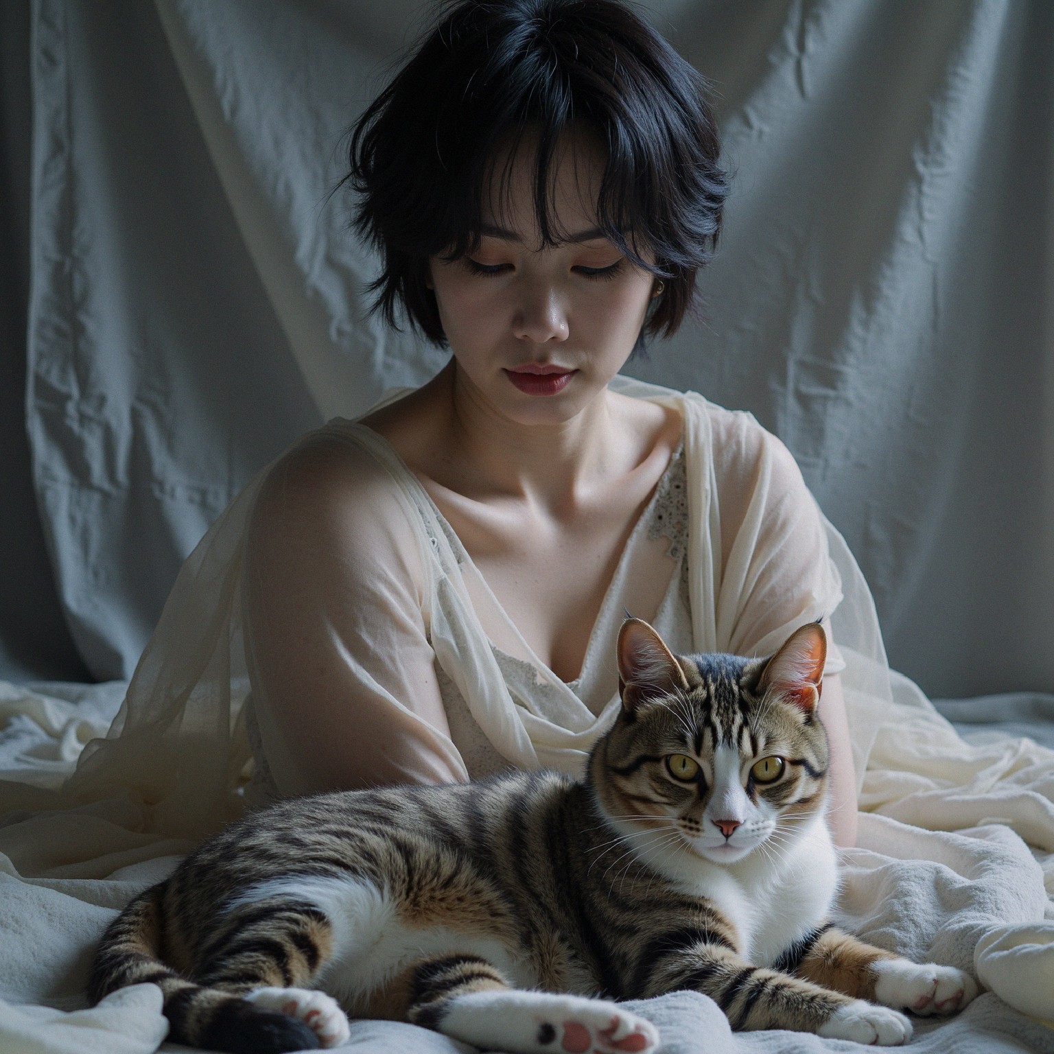 Woman in Sheer Top with Cat in Serene Setting