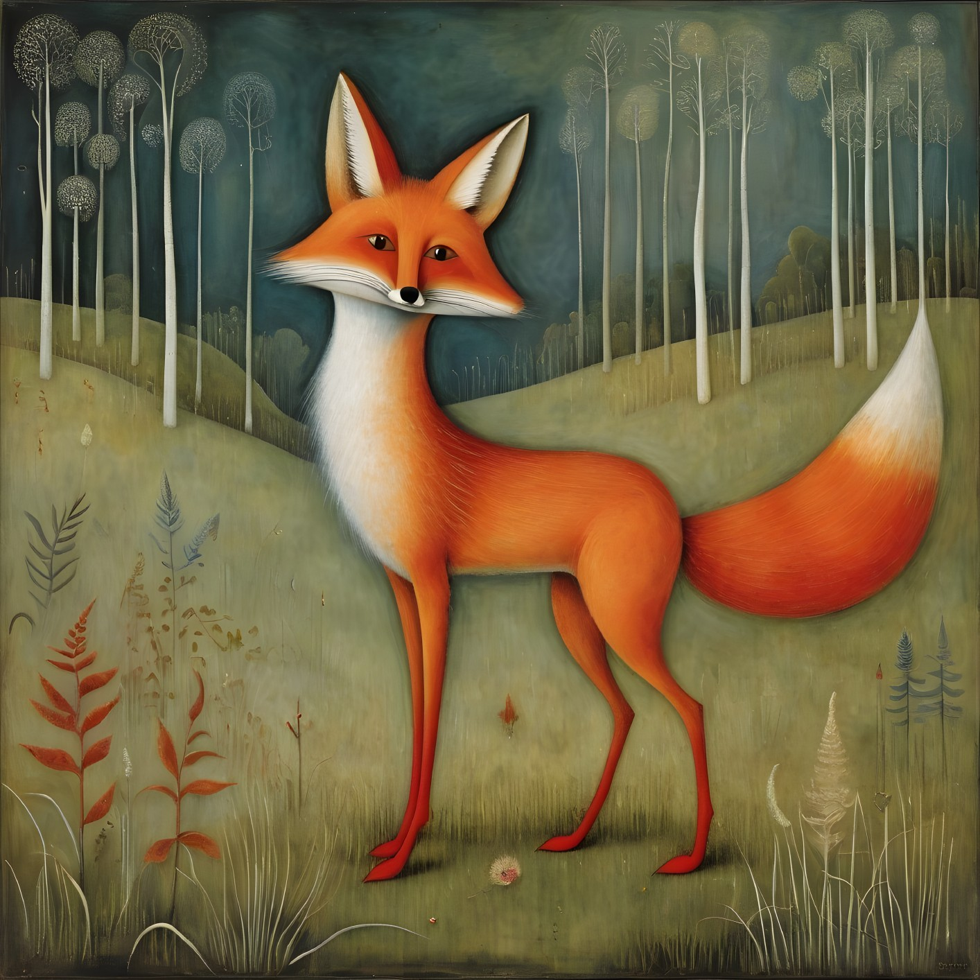 Whimsical Illustration of a Fox in a Serene Landscape
