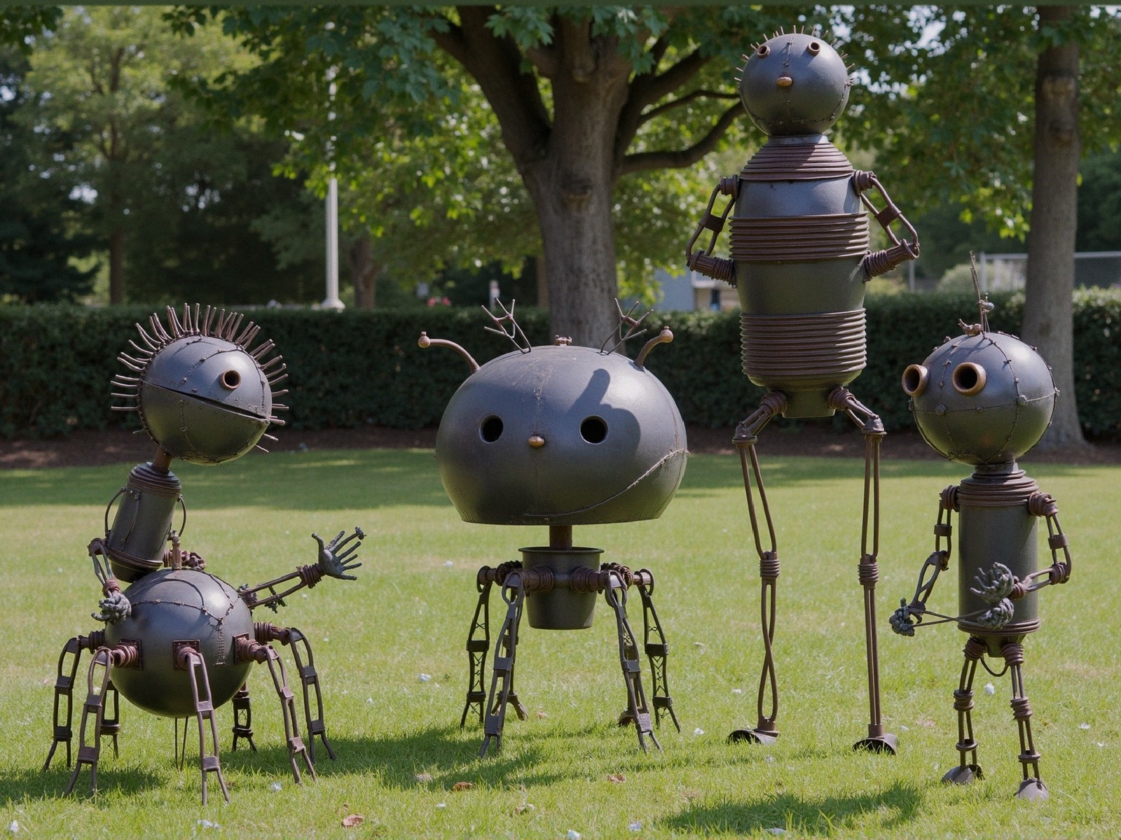 Whimsical Metal Robot Sculptures in Grassy Area