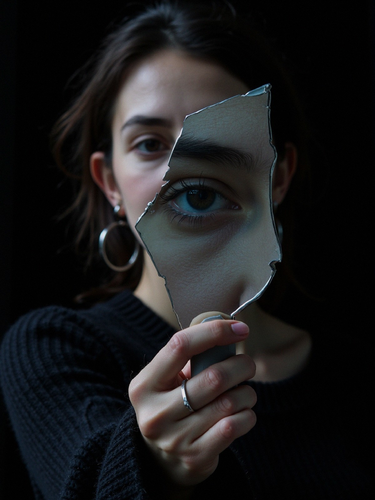 Young Woman with Cracked Mirror Reflecting Eye