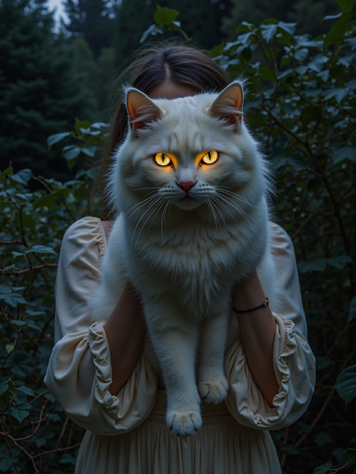 Ethereal Figure with White Cat in Twilight Forest