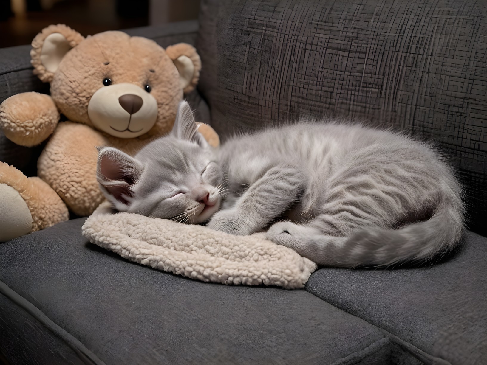 Fluffy Gray Kitten Sleeping on Cozy Blanket and Teddy Bear