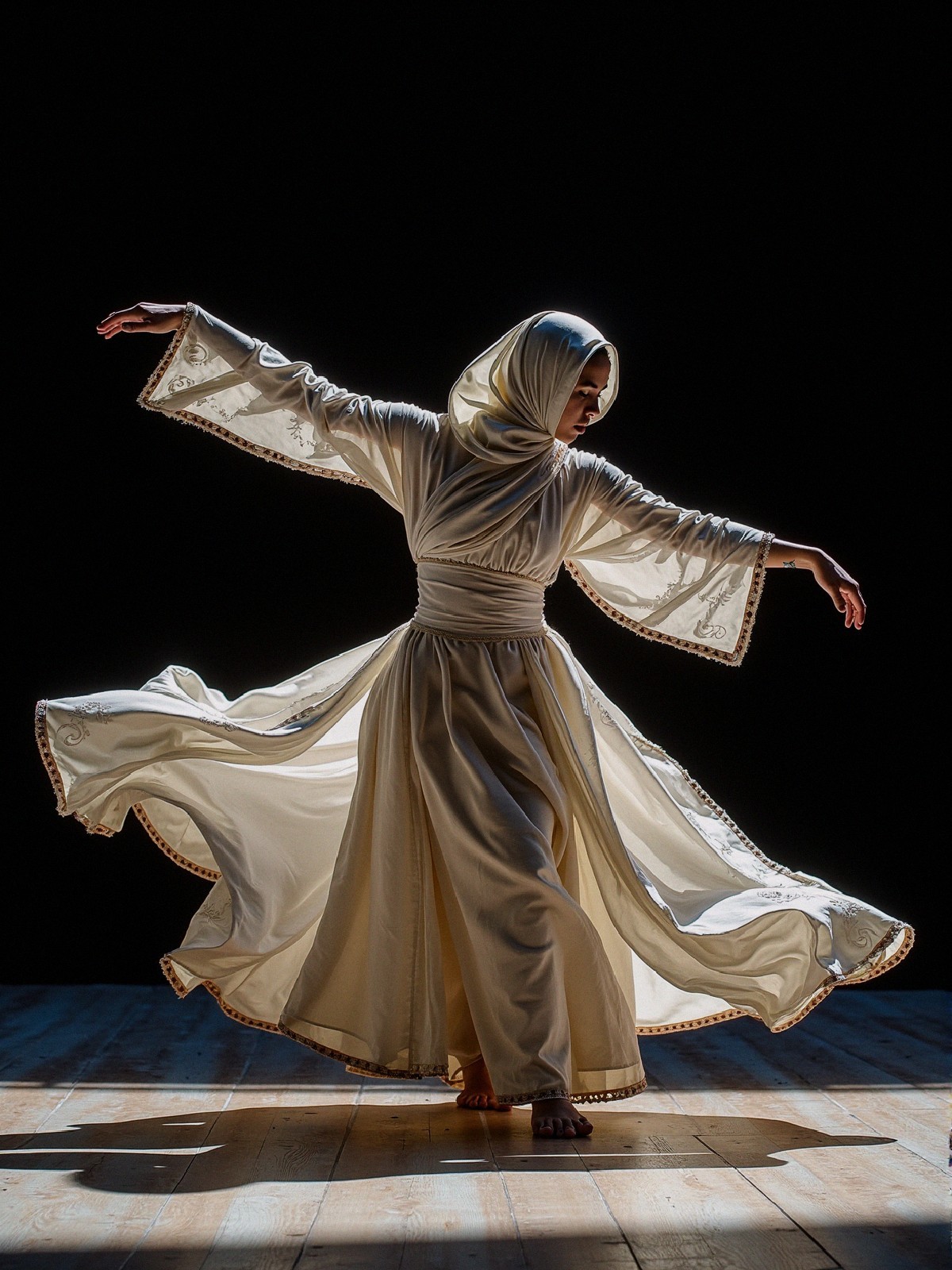 Dancer in White Costume Under Dramatic Lighting
