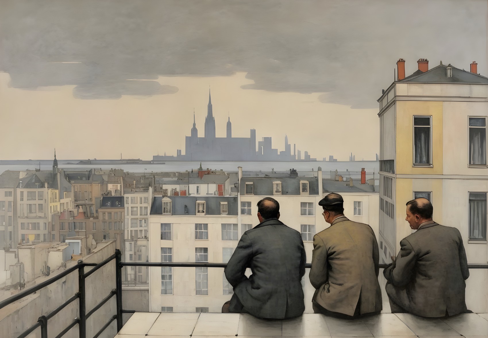Figures on Balcony Overlooking City Skyline