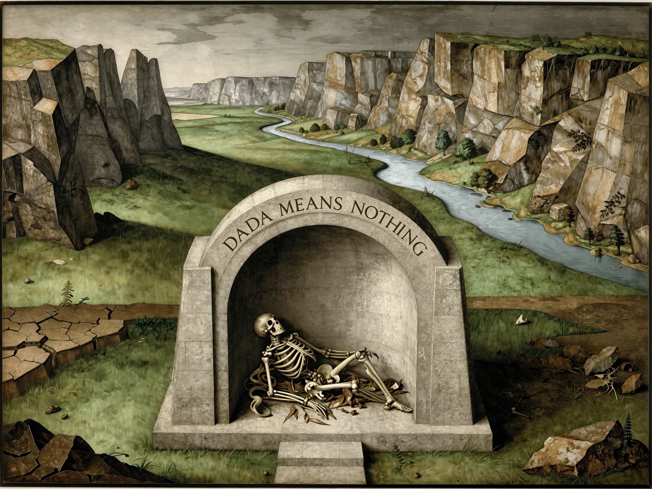 Skeleton in Tomb Surrounded by Lush Valley Landscape