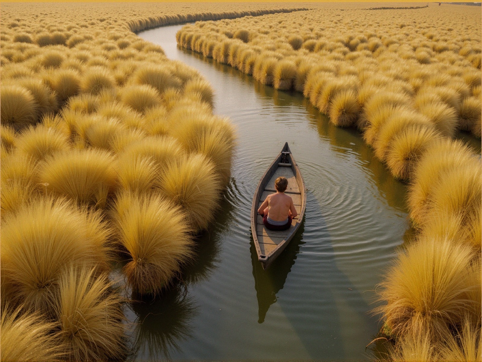 Narrow Waterway Surrounded by Golden Grass Fields