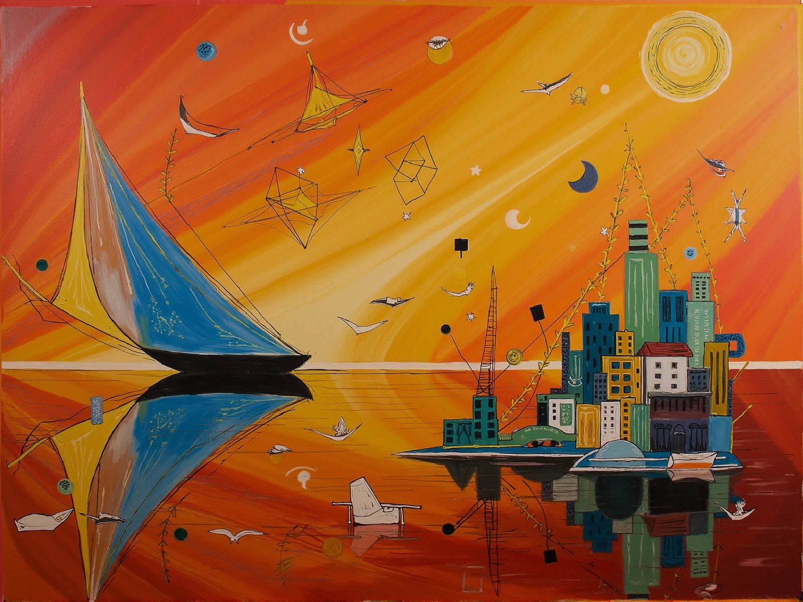 Vibrant Sunset with Sailboat and Abstract Cityscape