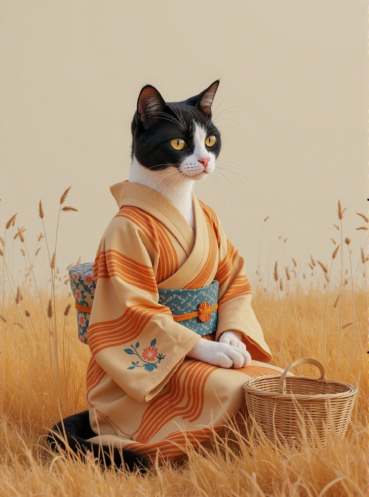 Stylish Cat in Kimono Surrounded by Golden Grass