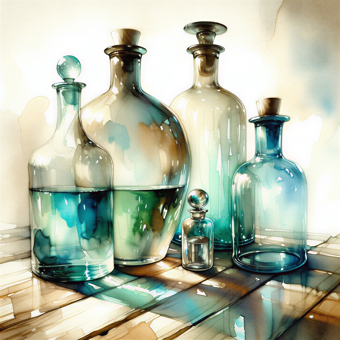 Elegant Glass Bottles in Soft Light on Wooden Surface