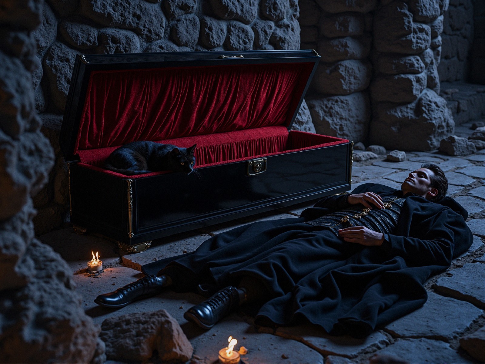 Dimly Lit Chamber with Coffin and Curious Black Cat