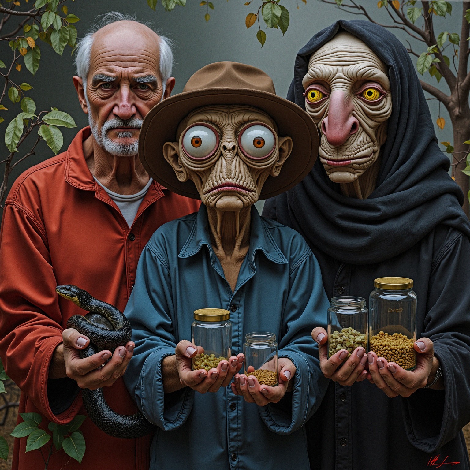 Three Figures in Mysterious Setting with Jars and Snake