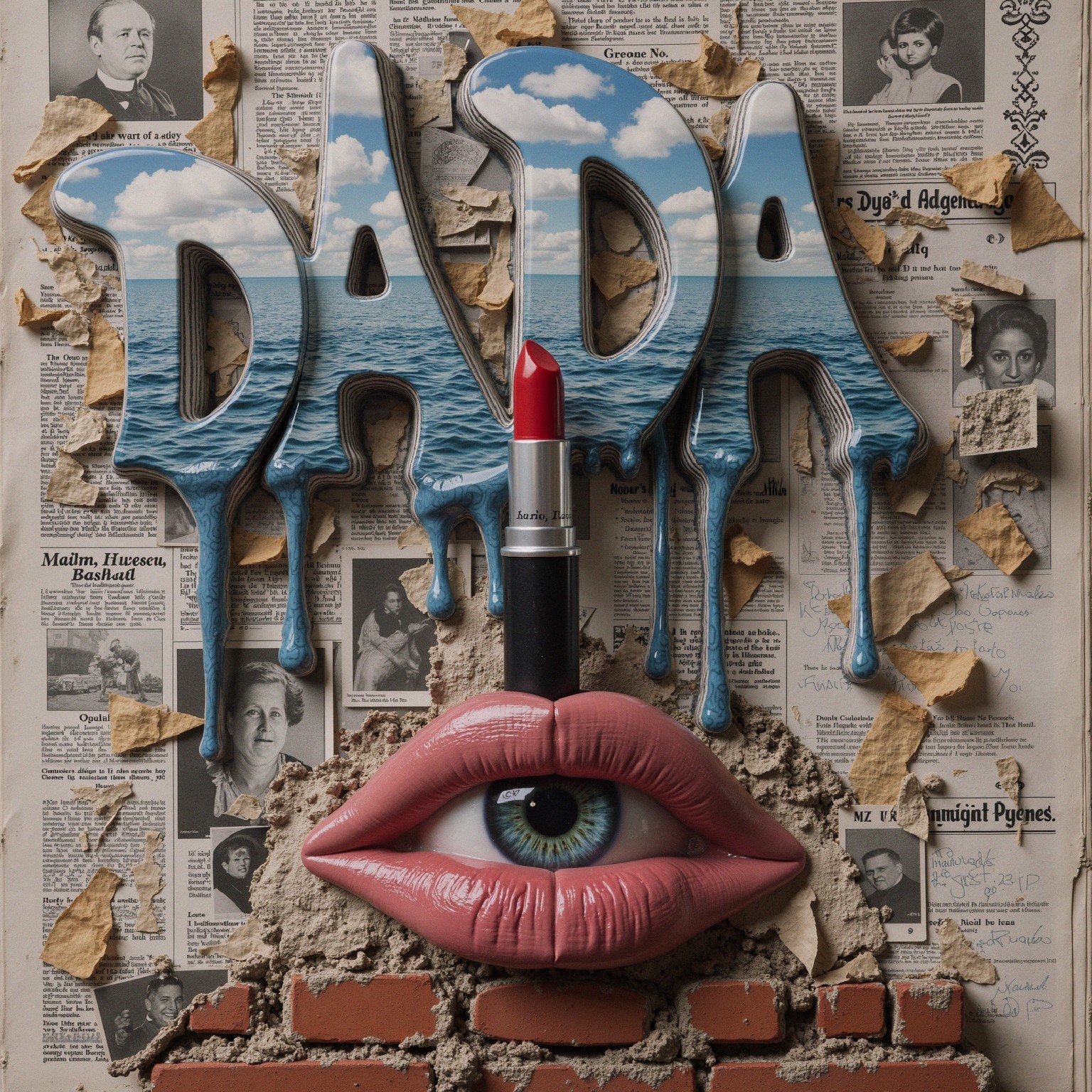 Stylized "DADA" with Lipstick and Collage Background