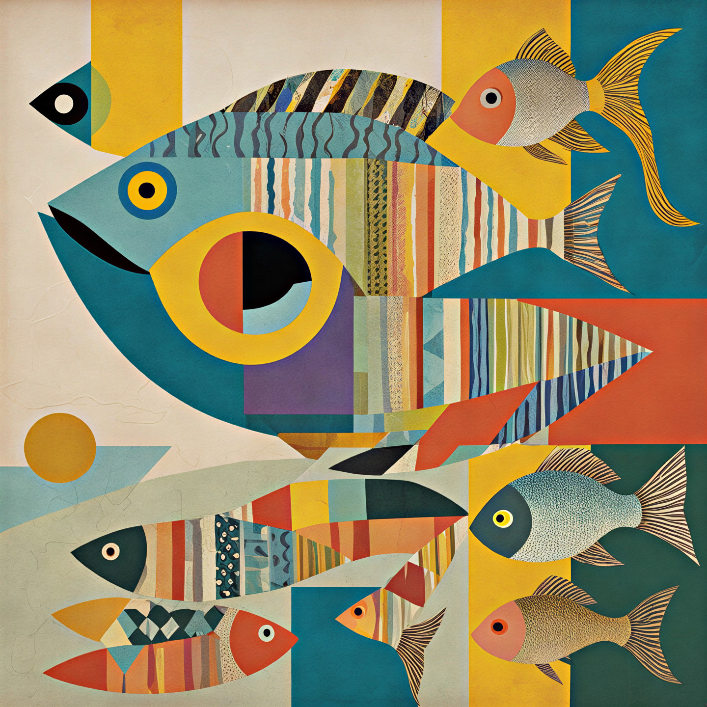 Vibrant Artwork of Stylized Fish in Bold Colors