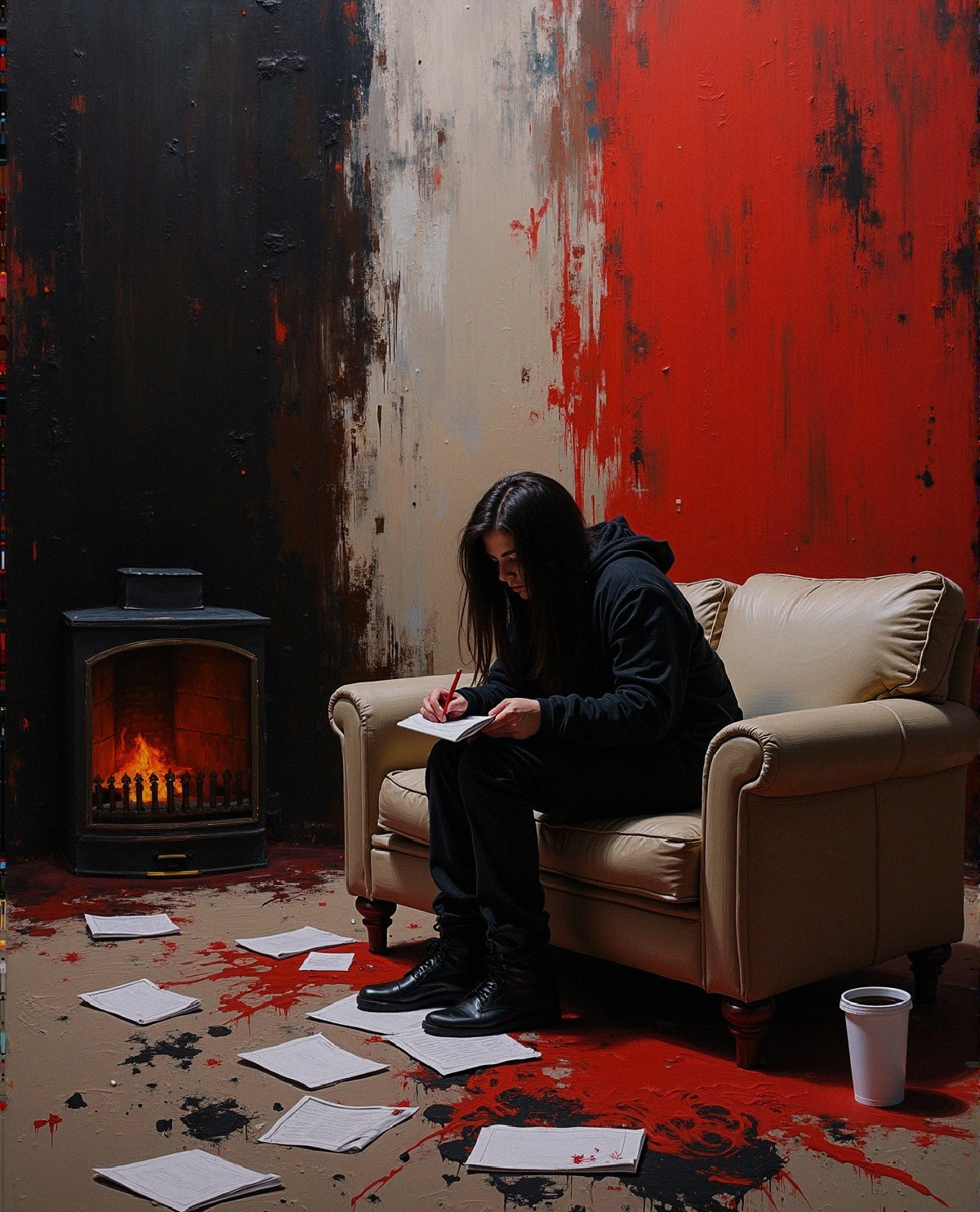 Solitary Figure Writing on Couch with Dramatic Backdrop