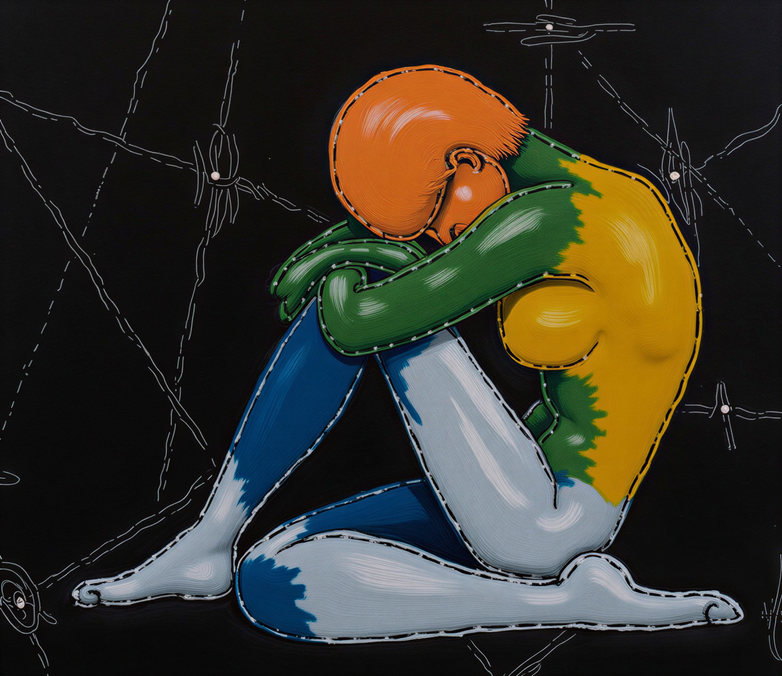Stylized Contemplative Figure with Vibrant Colors