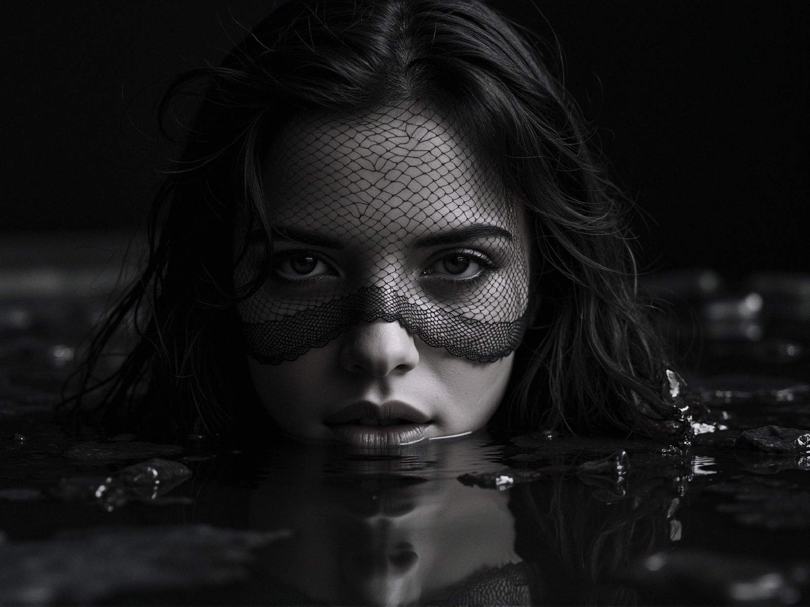 Black and White Portrait of Woman in Water with Mask