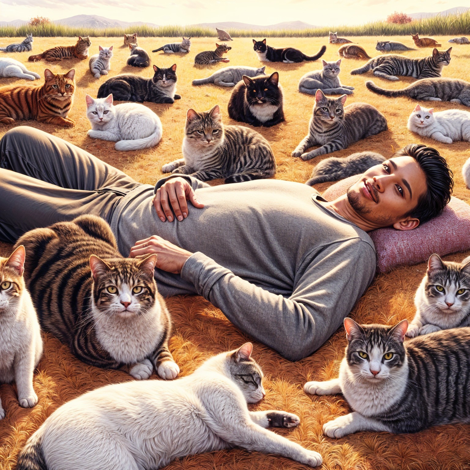 Young man relaxes with cats in serene sunset landscape