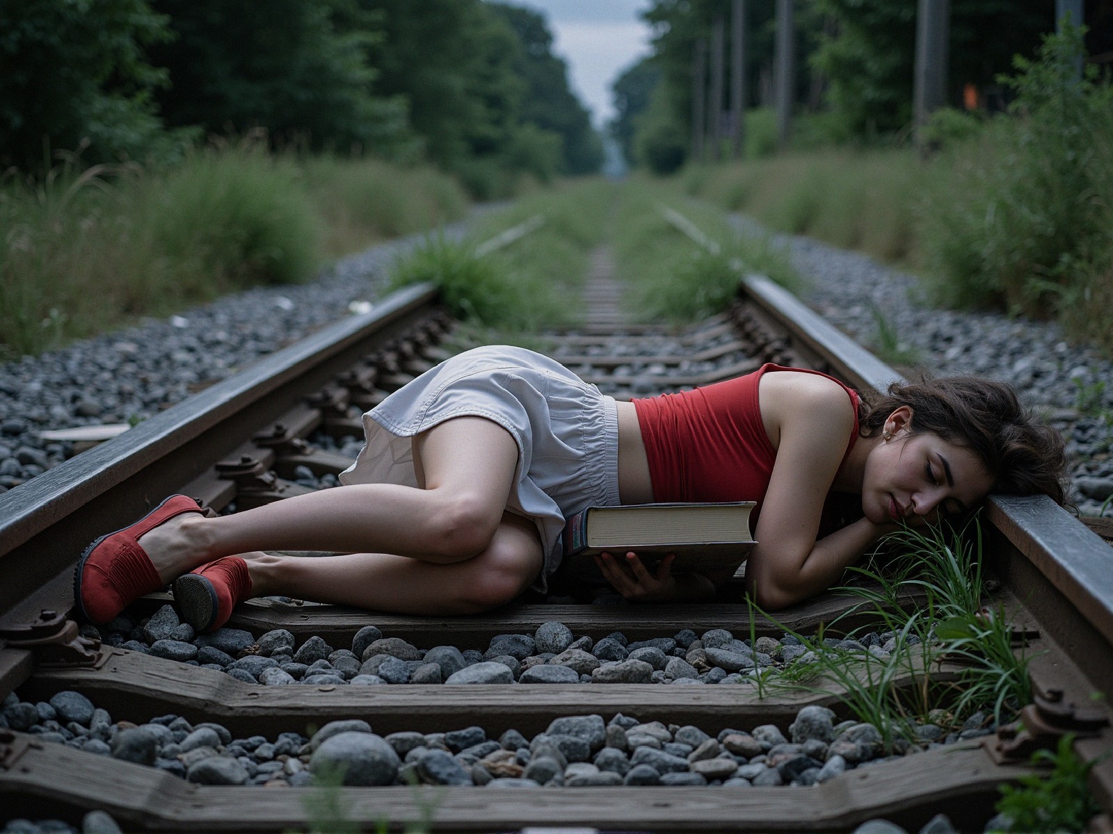 Young woman on railway tracks with a large book