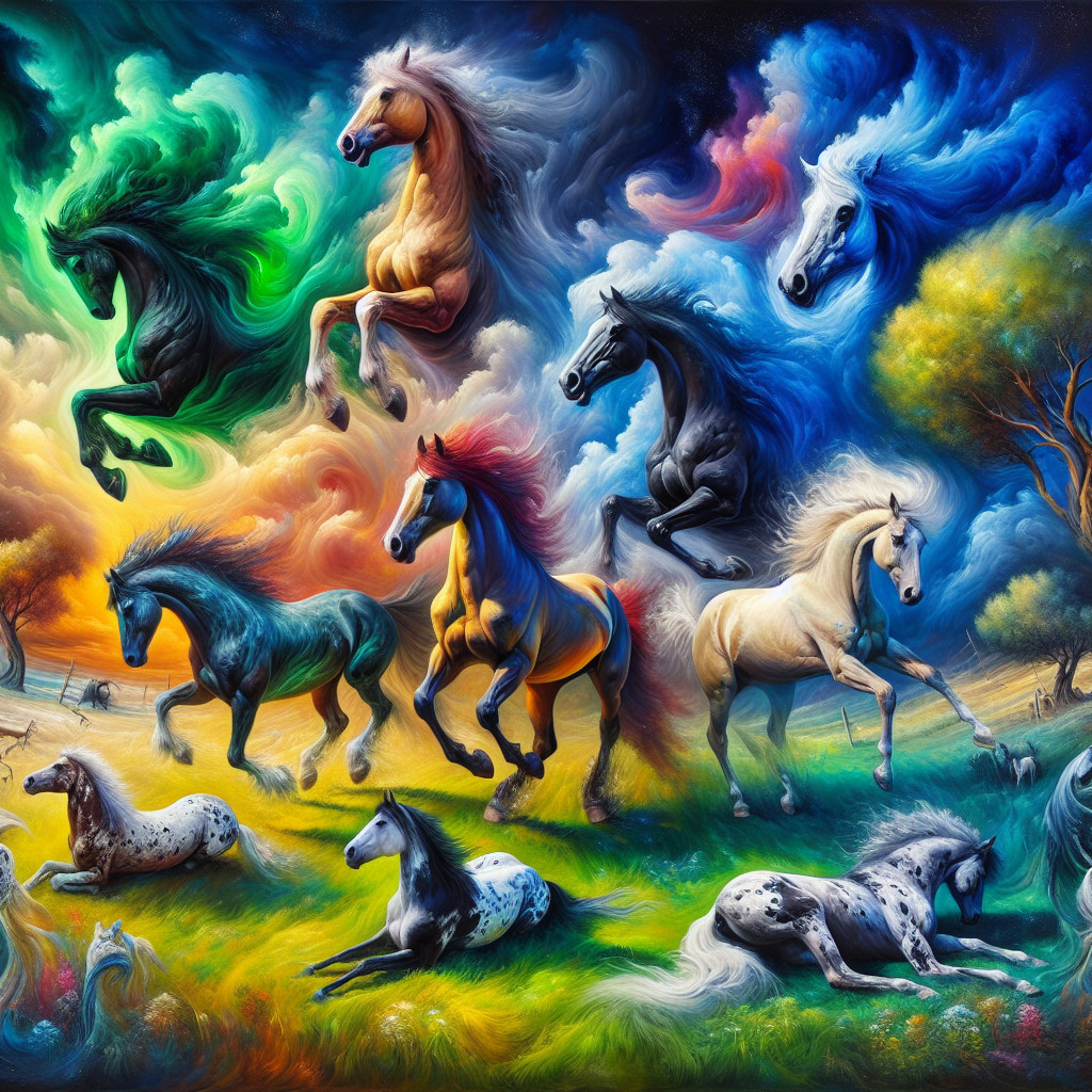 Surreal Painting of Colorful Horses in Dynamic Poses