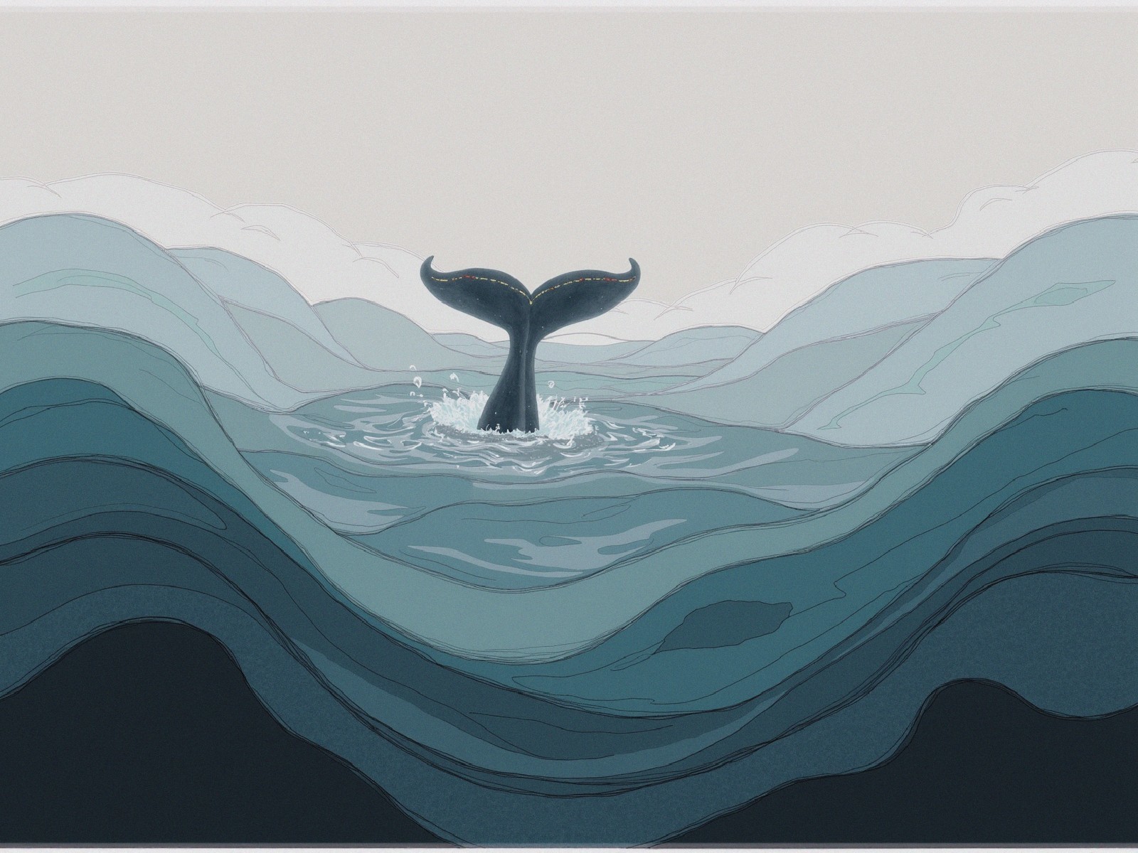 Stylized Whale Tail in Calm Ocean Waves Scene