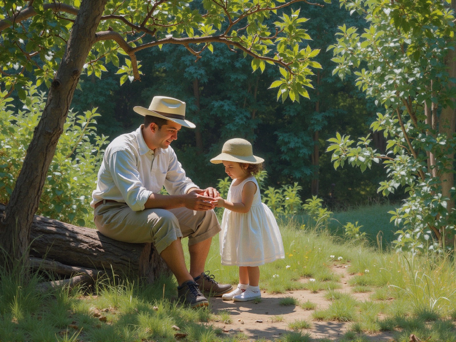 Tender Moment Between Man and Girl in Sunlit Forest