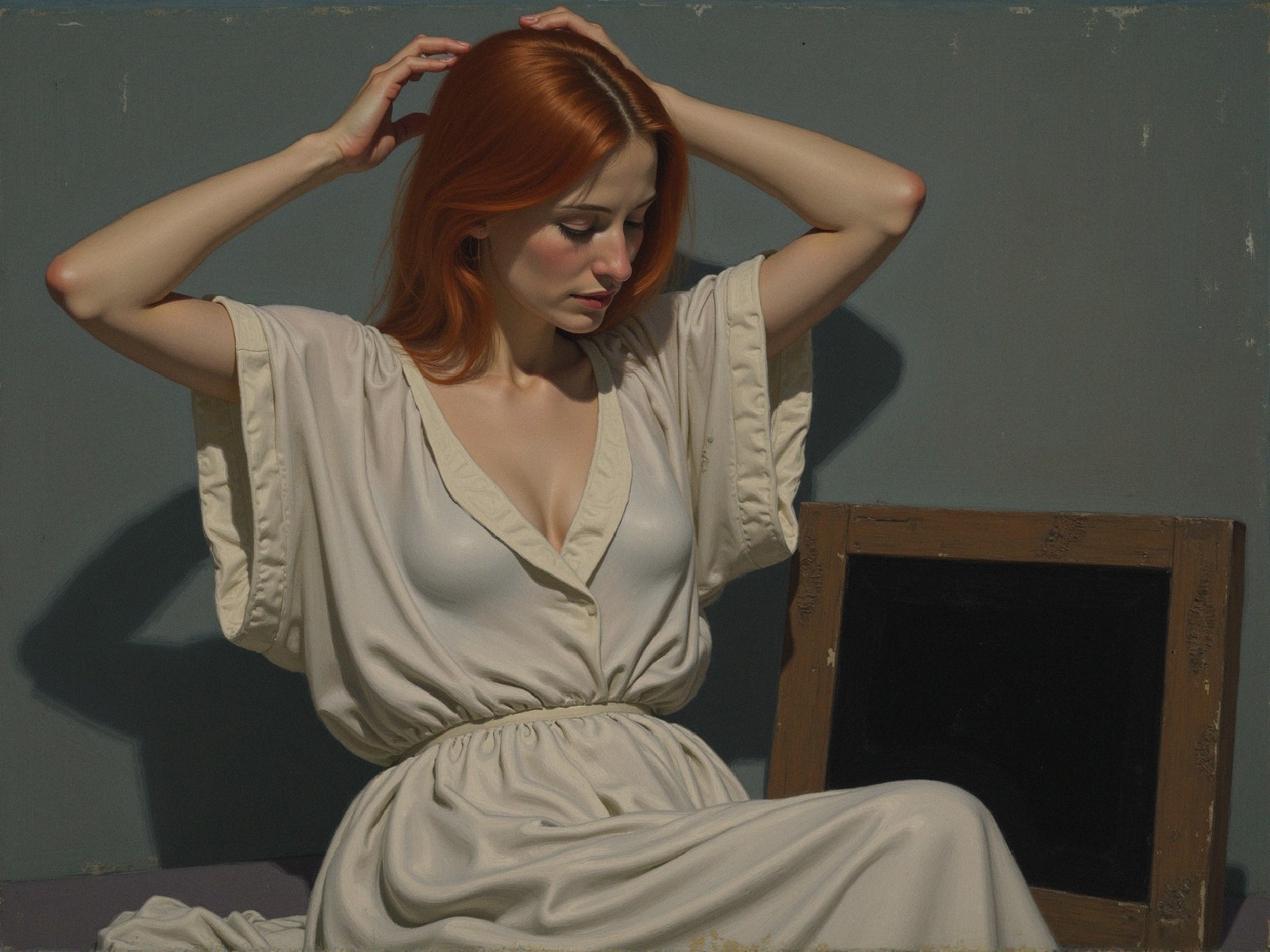 Woman with Red Hair in Soft Garment and Rustic Frame