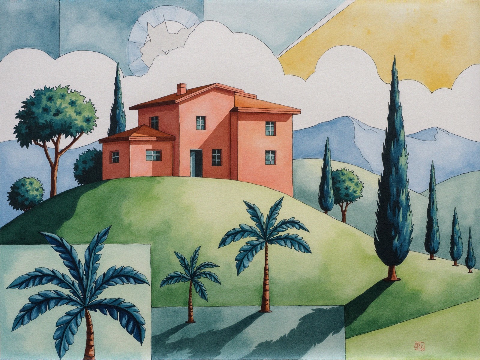 Serene Landscape with Red House and Rolling Mountains