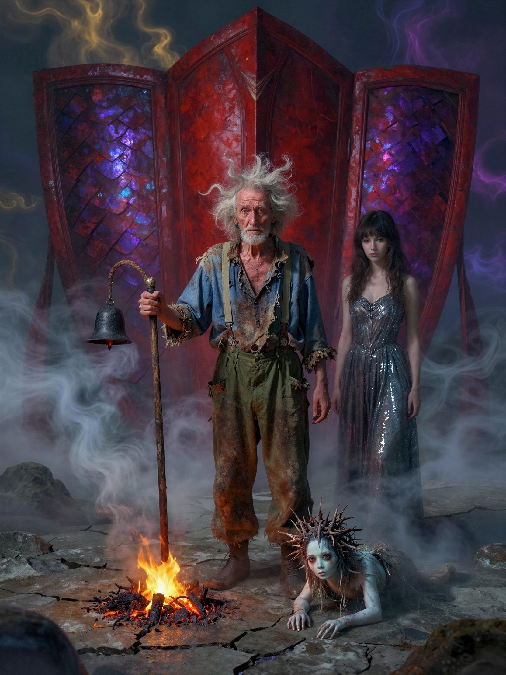 Old man by campfire near glowing portal and creature