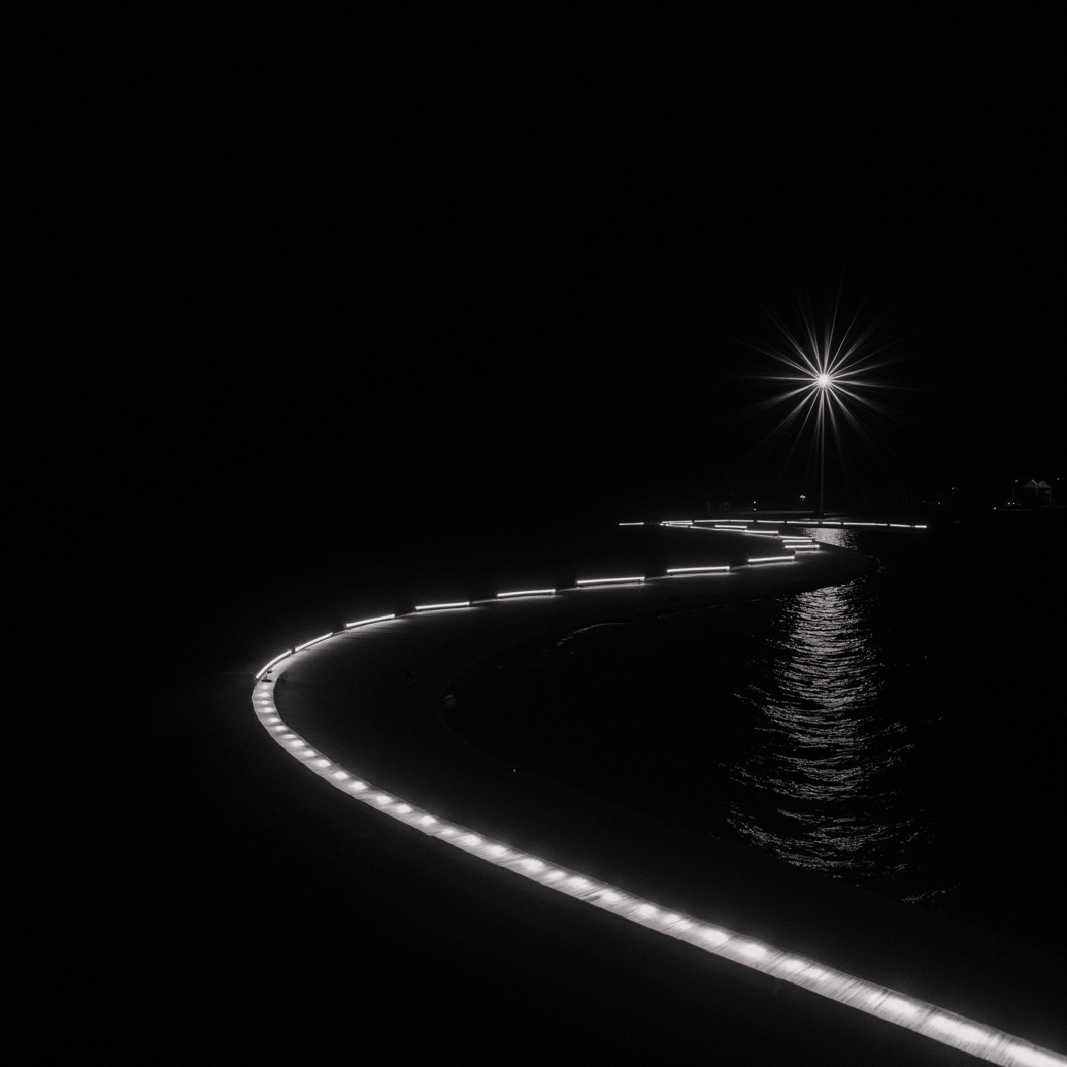 Winding Pathway by Water Under Starry Night Sky