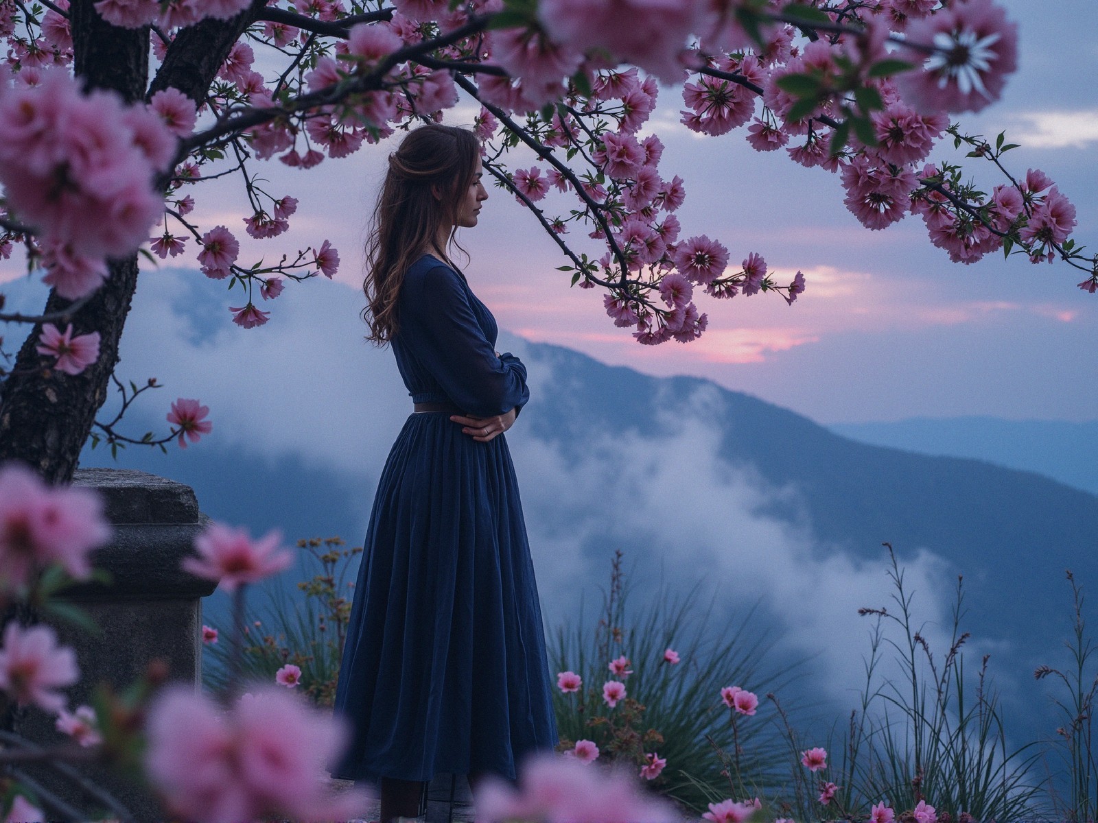 Woman in Blue Dress Under Cherry Blossom Tree