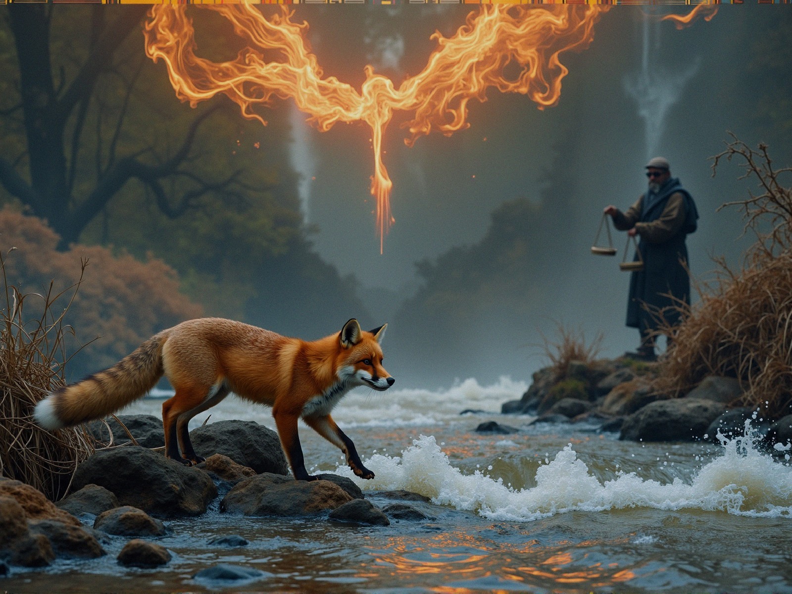Red fox in mystical landscape with cloaked figure and flames